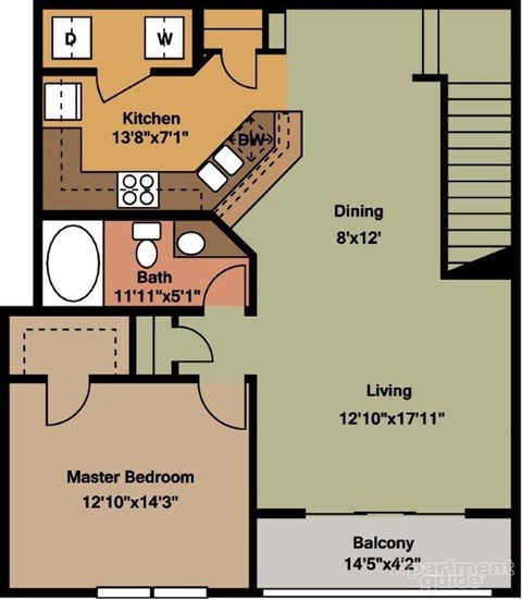 Floor plan for 1 bed, 1 bath, 919 sqft